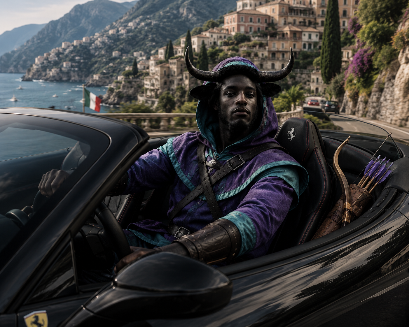HOODBULL driving a black Ferrari along the Amalfi coast