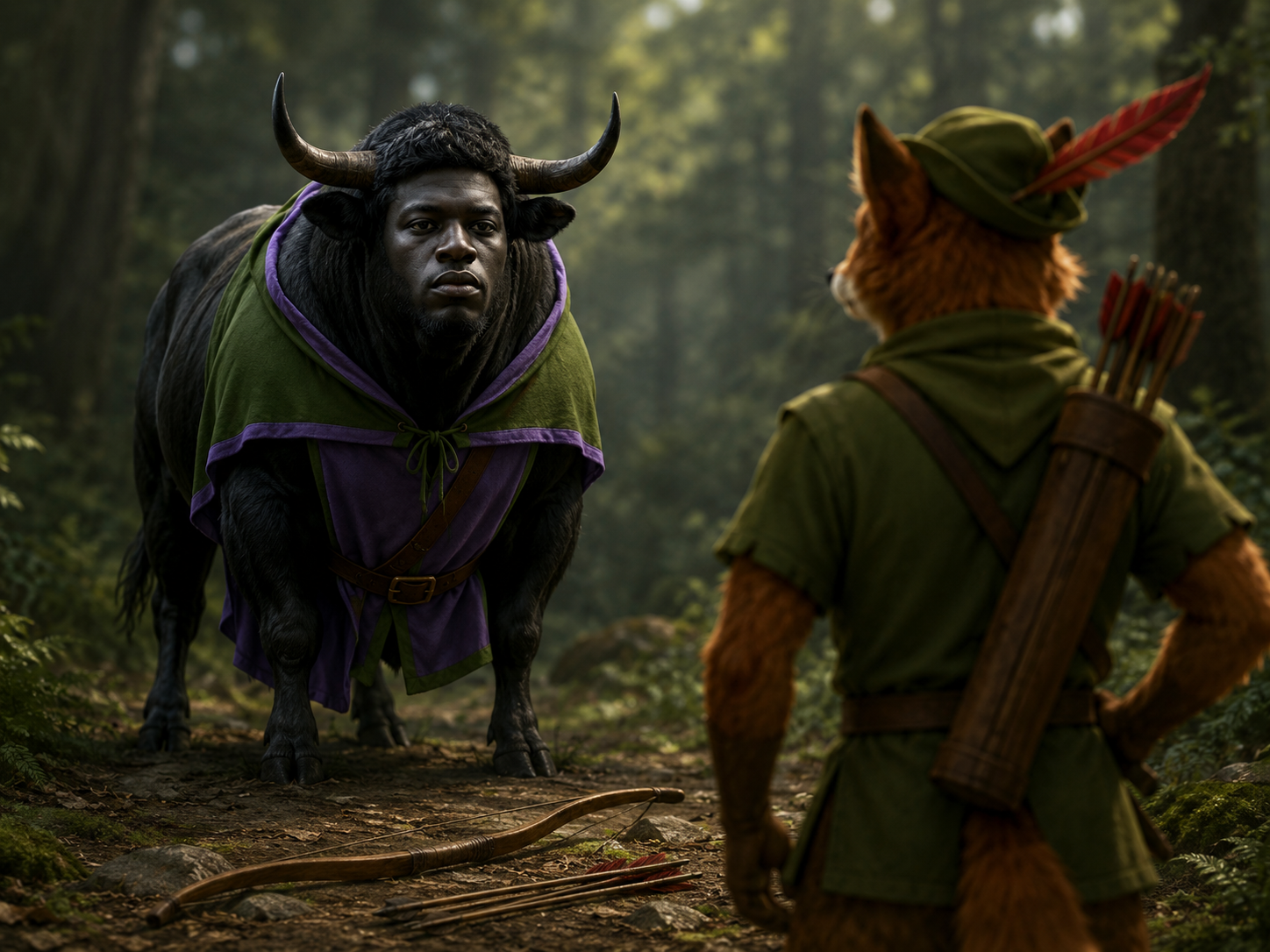 HOODBULL facing Robin Hood in the forest showdown